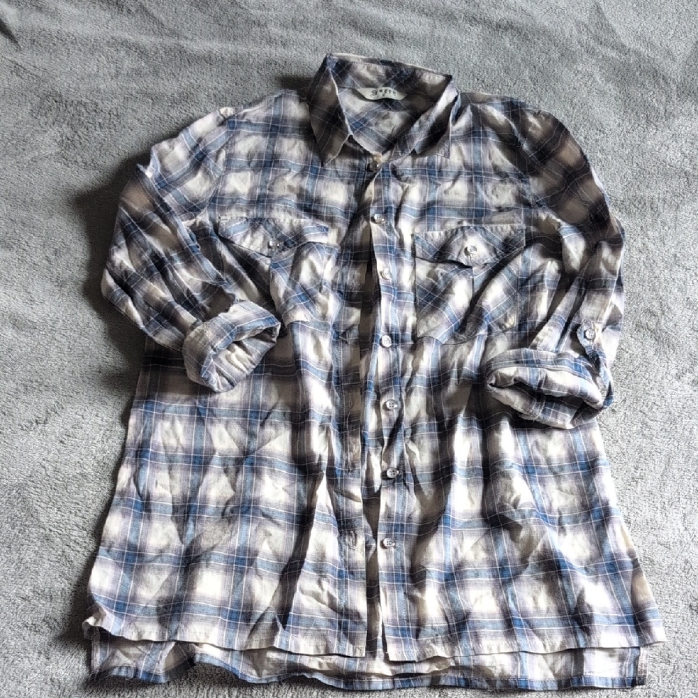Plaid Button-Down Shirt in Blue and Gray, Size Small